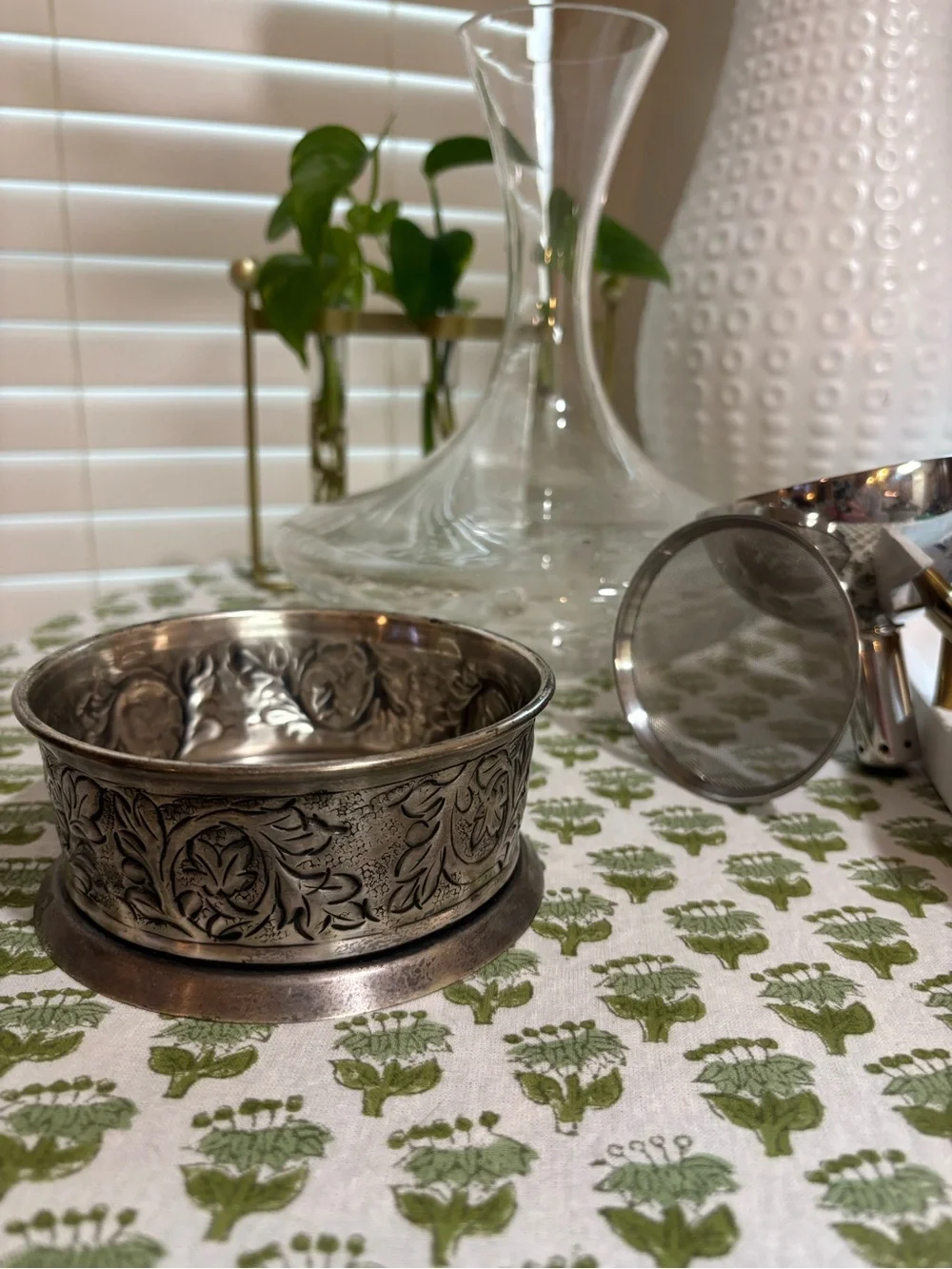 Pottery Barn Madena Pewter Base Glass Wine Decanter & Funnel Set